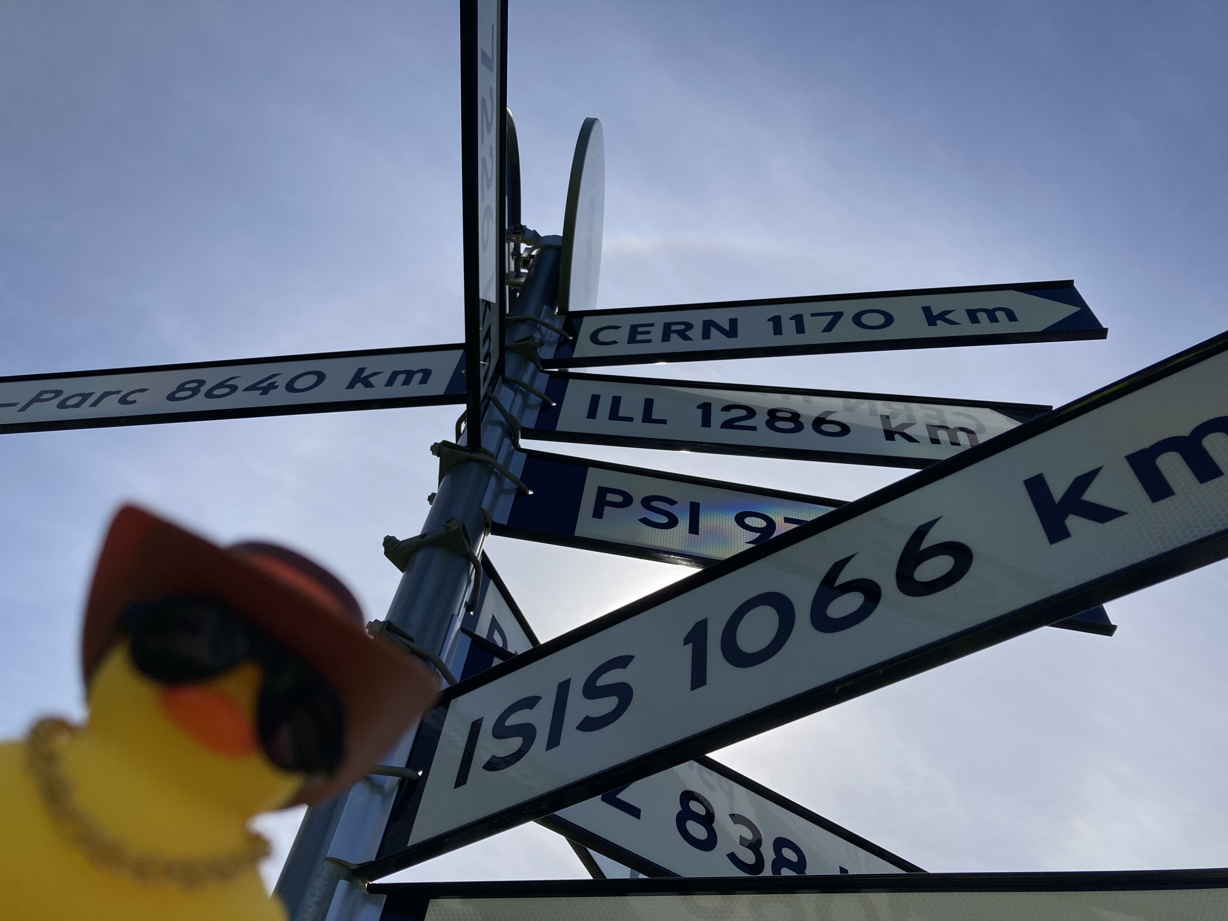 Milford the duck, posing with the signpost at the ESS. The distance to ISIS is prominantly displayed.