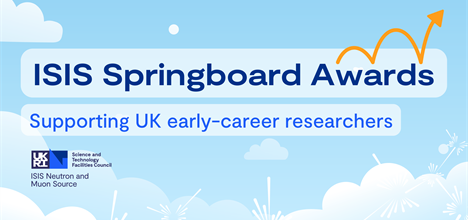 Light blue cloudy sky with the text ISIS Springboard Awards, Supporting UK early-career researchers, and the ISIS logo