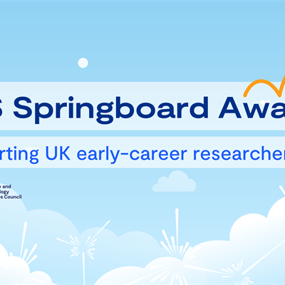 Light blue cloudy sky with the text ISIS Springboard Awards, Supporting UK early-career researchers, and the ISIS logo