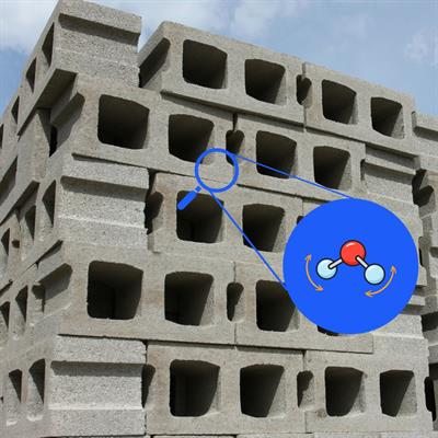 Concrete blocks with a magnifying glass, inside of which is a moving water molecule