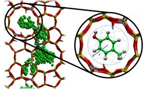 A graphic showing the creol molecule in the pore of a zeolite framework, and the motion of the molecules in the structure. 