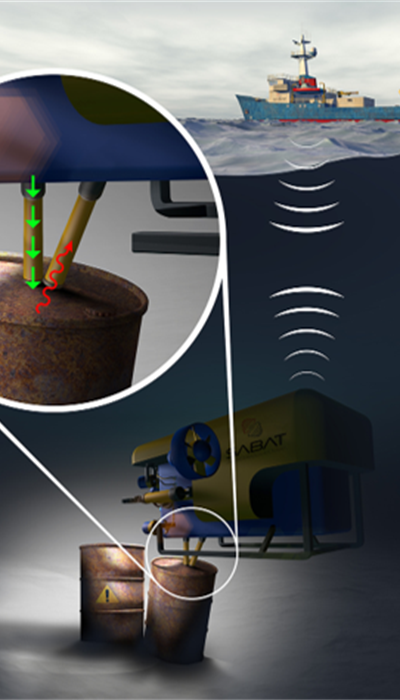 Graphic showing underwater investigation of a drum of hazardous material