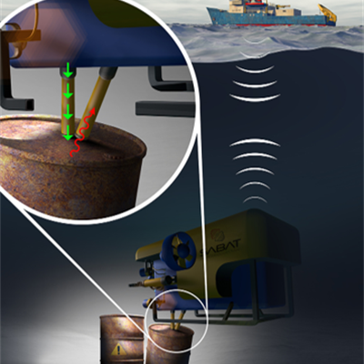 Graphic showing underwater investigation of a drum of hazardous material