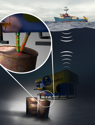 Graphic showing underwater investigation of a drum of hazardous material