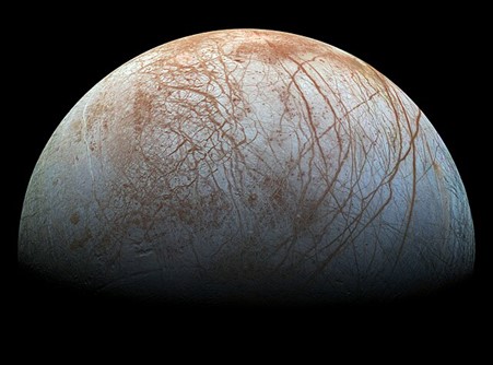 Jupiter's icy moon Europa, which contains a salty subsurface ocean and where sodium chloride has been detected. Credit: NASA / Jet Propulsion Lab-Caltech / SETI Institute.