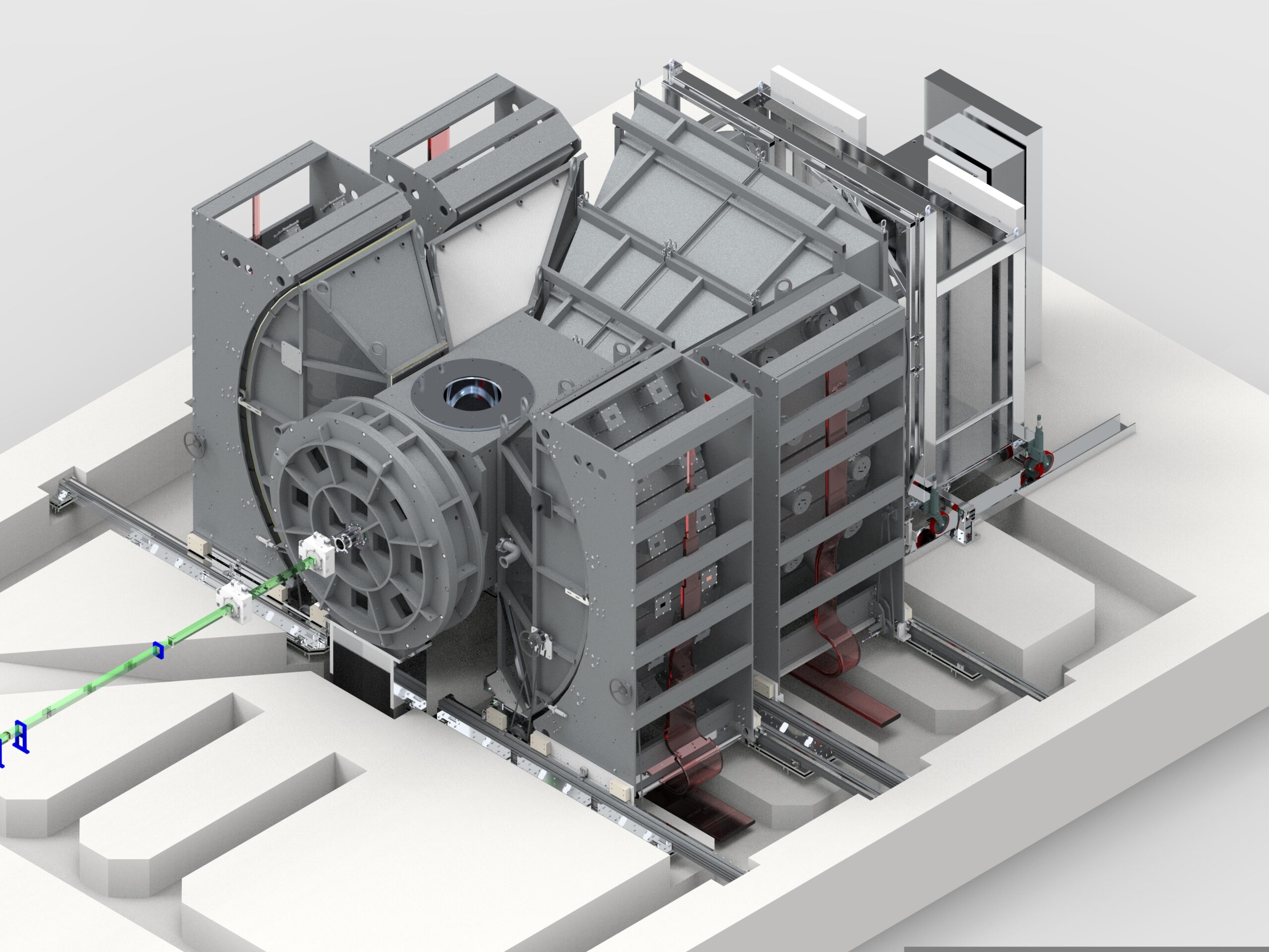 A grey cylinder, surrounded by fan-shaped detector banks