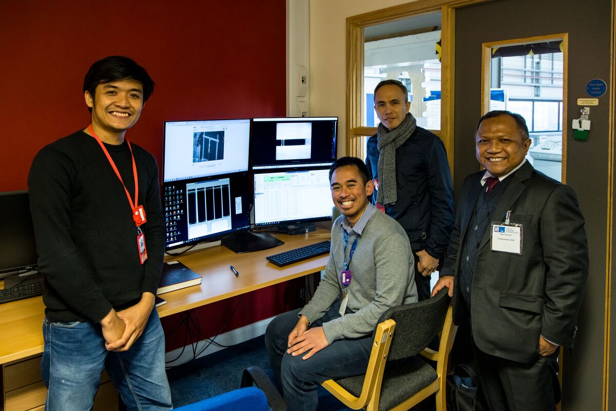 Prof Ratno Nuryadi meeting Indonesian researchers on the ISIS IMAT instrument during his visit to the facility in November 2024. Left to right: Dr Jotti Karunawan, BRIN Postdoctoral Fellow; Dr Ranggi Ramadhan, ISIS instrument scientist; Dr Maykel Manawan, BRIN researcher; Prof Ratno Nuryadi.