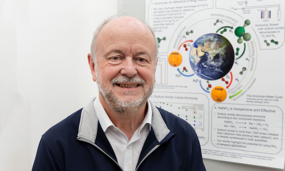Image shows Bill David of the Energy Materials Group in the Hydrogen and Chemical Laboratory at the ISIS Neutron Muon Facility at the Rutherford Appleton Laboratory.